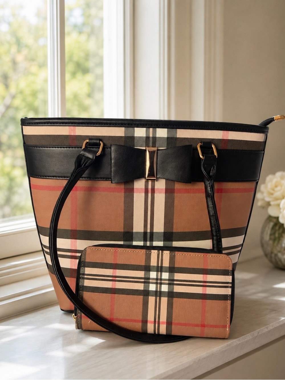 Plaid Tote Bag & Matching Wallet Set – Apricot/Black Bow Detail